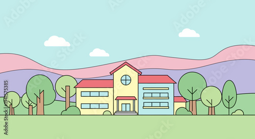 Colorful Cartoon School Building with Trees.