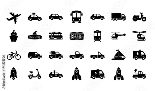 Transport Vehicles Black Flat Icons Airplane Car Bus Truck Ship Mobility Vector Set