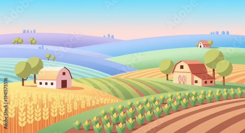 Countryside Farm Landscape with Buildings and Fields.
