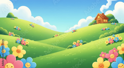 Colorful Cartoon Flowers in Green Hills.