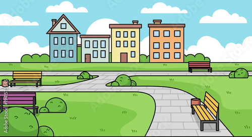 Colorful Cartoon Houses in Residential Area.