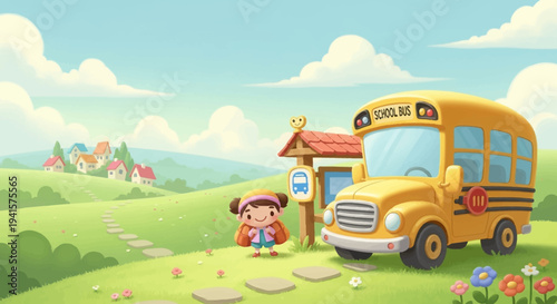 Yellow School Bus Cartoon Illustration.