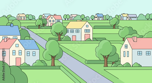 Colorful Houses in Cartoon Neighborhood Scene.
