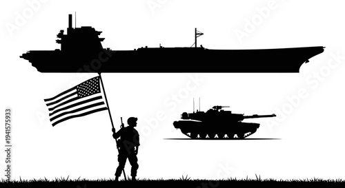 Soldier Holding American Flag with Aircraft Carrier and Tank Silhouette