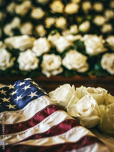 Lush white roses bloom in an elegant arrangement, nestled atop the folds of an American flag, a heartfelt memorial to those who gave their lives in service of their country.