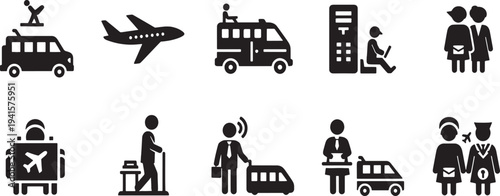 

Set of vector icons featuring different countries and various transport vehicles like car bus train plane and truck for shipping and travel delivery design