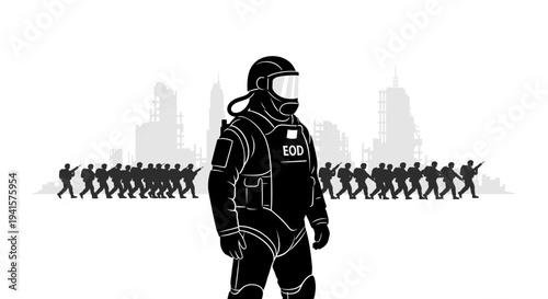 Soldier in Hazmat Suit with Army in Ruined City Background - Post Apocalypse Concept