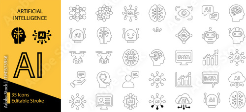 Artificial Intelligence web icons in line style. Innovation technology, virtual, learning, assistant, test, machine, robot, bot, brain, collection. Vector illustration.