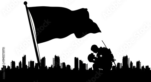 Soldier Kneeling Flag Silhouette Cityscape Background Memorial Day Veteran Remembrance