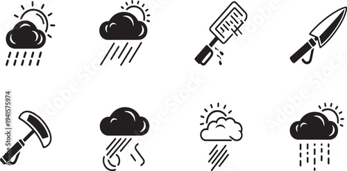 Gemini said

Set of black vector food icons featuring a chef hat, kitchen restaurant menu symbols, and a bread fish sketch collection for web design illustration