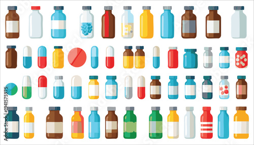vector Collection of various medical bottles and containers with different shapes, sizes, and colors on a white background