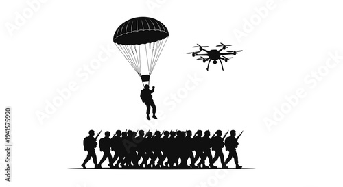 Soldier parachuting with drone above marching troops, military operation concept