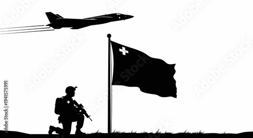 Soldier Kneeling by Tonga Flag with Jet Flying Overhead
