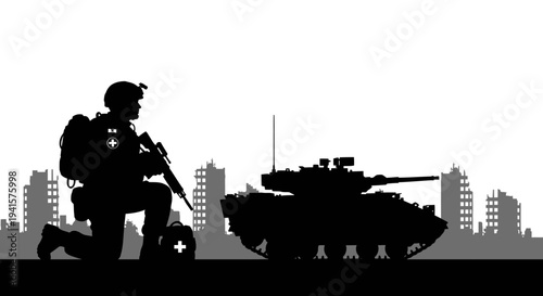 Soldier Kneeling with Rifle and Medical Kit Beside Tank in Ruined City Silhouette