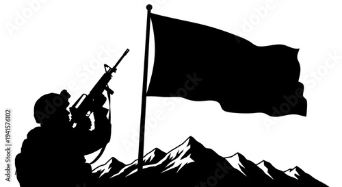 Soldier Raising Black Flag on Mountain Peak, Military Victory Symbol, Silhouette