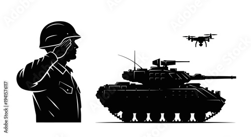Soldier Salutes Tank and Drone: Modern Military Technology Silhouette