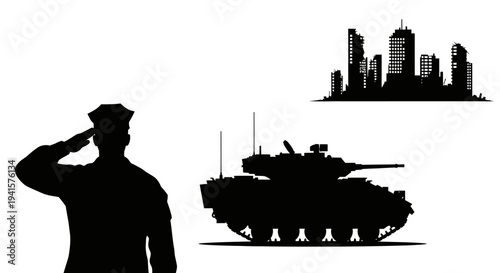 Soldier Saluting Beside Tank and City Skyline Silhouette