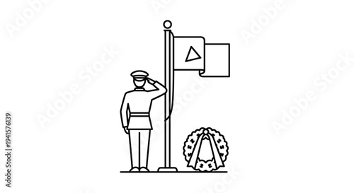Soldier Saluting Flagpole with Wreath, Military Memorial Service Icon