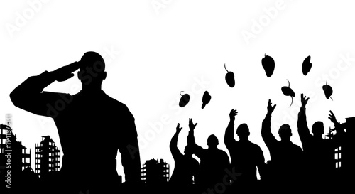 Soldier Saluting Amidst Celebration and Destruction