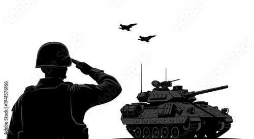 Soldier Saluting Tank and Jets, Military Salute, Armed Forces, Patriotism, War Concept