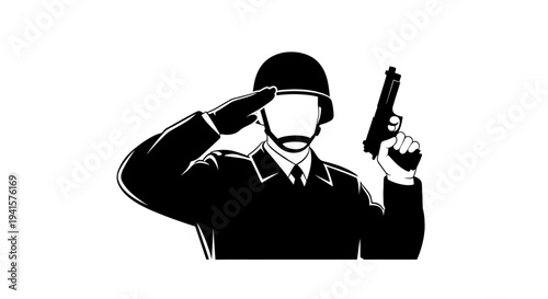 Soldier Saluting with Pistol, Military Service, Uniform, Helmet, Black and White