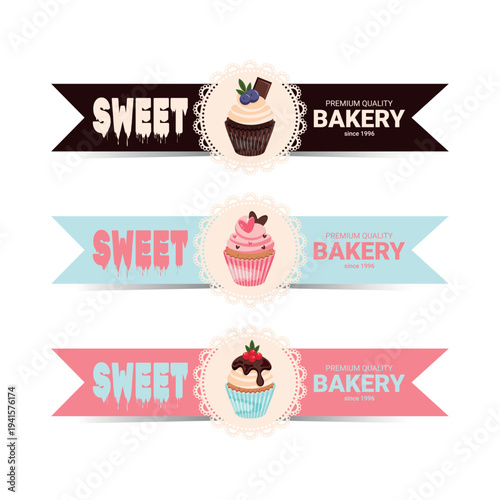 Sweet Bakery labels chocolate, pink and turquoise. Cupcake packaging design template, bakery logo design, sticker design, fresh cupcake label design, editable vector template