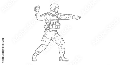 Soldier throwing a grenade, military action, combat readiness, tactical gear, army uniform, weapon