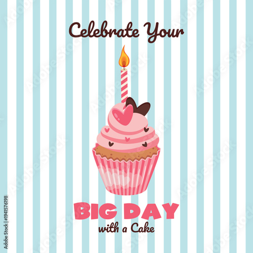 Birthday greeting card with a Cupcak and candle. Abatract turquoise background pattern. Wallpaper background texture line stripes