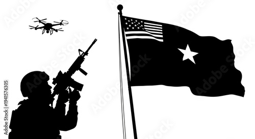 Soldier with Drone and US Flag Silhouette