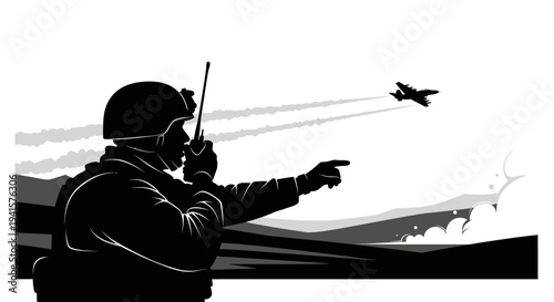 Soldier with radio directs jet fighter, pointing finger, military operation, aerial support, communication