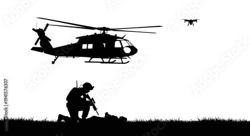 Soldier with Drone and Helicopter Silhouette, Military Operation, Surveillance