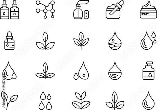 Natural skincare and beauty vector icon set featuring clean line art of serum bottles, cream jars, droplets, and organic leaves.