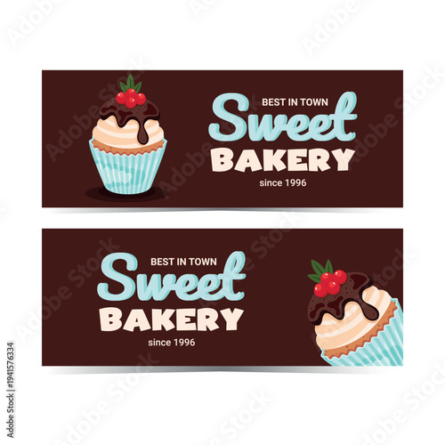 Sweet Bakery labels chocolate and turquoise. Cupcake packaging design template, bakery logo design, sticker design, fresh cupcake label design, editable vector template