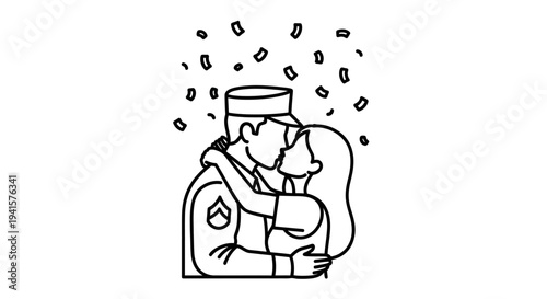 Soldier's Homecoming Kiss: Couple Embraces Amidst Falling Confetti