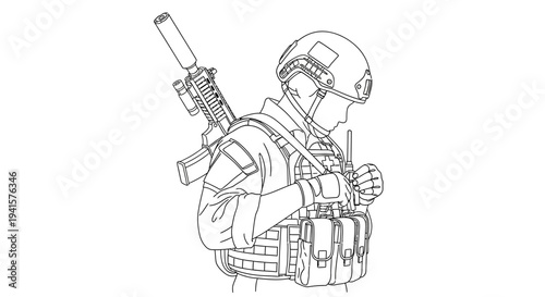 Soldier with Rifle, Military Gear, Tactical Vest, Helmet, Combat Ready