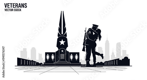 Soldier's Homecoming: Couple Embracing at Memorial with City Skyline