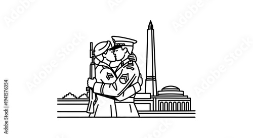 Soldiers Kissing in Washington DC with Monument Background