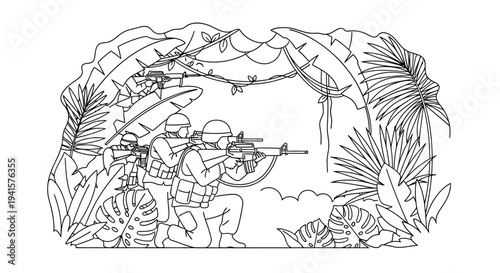 Soldiers in Jungle Ambush: Military Team with Rifles in Dense Tropical Foliage