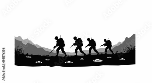 Soldiers on patrol, detecting mines in a dangerous landscape