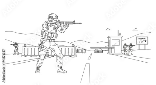 Soldiers in tactical gear with rifles at a checkpoint, military operation, security, defense