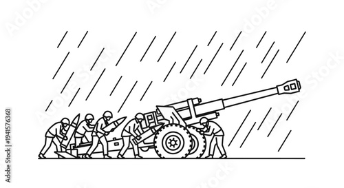 Soldiers operating artillery gun in heavy rain, wartime scene