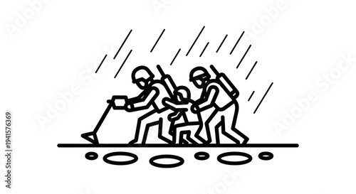 Soldiers searching in rain, danger, military operation, teamwork, survival