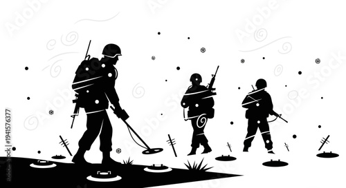 Soldiers with Metal Detector Searching for Mines in Snowy Landscape