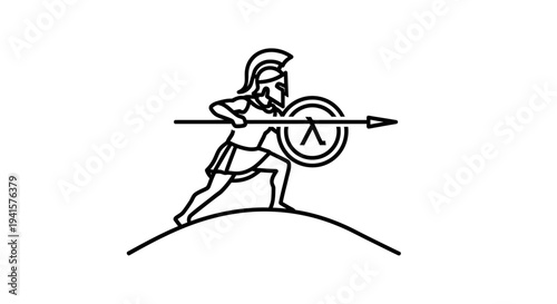 Spartan Warrior with Spear and Shield on Hilltop - Ancient Greek Soldier Icon