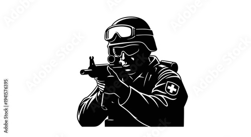 Special Forces Soldier Aiming Rifle, Tactical Gear, Military Action Silhouette