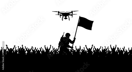 Soldier with flag and drone over cheering crowd silhouette, victory, revolution, protest, freedom, technology