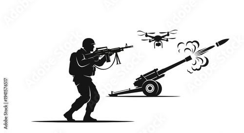Soldier with Drone, Artillery and Missile - Modern Warfare Concept