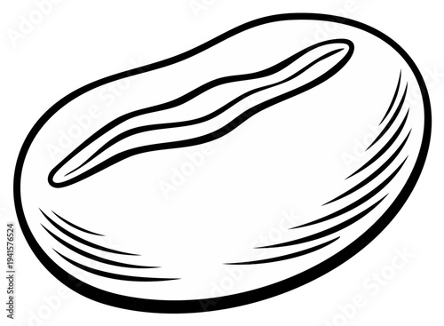 Simple black and white line drawing of a single coffee bean with a clear central groove
