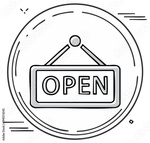 Open Sign Hanging Doodle in Circle Frame Simple Business Announcement