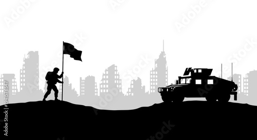 Soldier with Flag in Ruined City Silhouette, Military Vehicle, Victory Concept